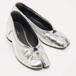 Pre Owned Maison Martin Margiela Silver Metallic Cracked Leather Tabi Pumps Size 39