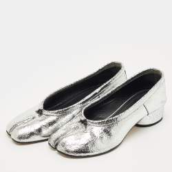 Pre Owned Maison Martin Margiela Silver Metallic Cracked Leather Tabi Pumps Size 39