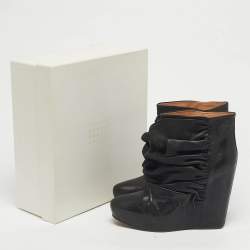 Pre Owned Maison Martin Margiela Black Leather Ruched Wedge Ankle Length Boots Size 40