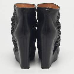 Pre Owned Maison Martin Margiela Black Leather Ruched Wedge Ankle Length Boots Size 40
