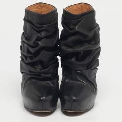 Pre Owned Maison Martin Margiela Black Leather Ruched Wedge Ankle Length Boots Size 40