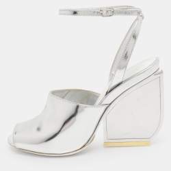 Pre Owned Maison Martin Margiela Silver Patent Leather Mirror Heel Ankle Strap Sandals Size 38