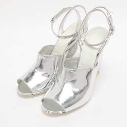 Pre Owned Maison Martin Margiela Silver Patent Leather Mirror Heel Ankle Strap Sandals Size 38