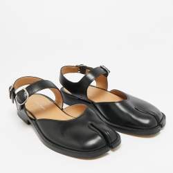 Pre Owned Maison Martin Margiela Black Leather tabi Ankle Strap Flat Sandals Size 37