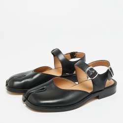 Pre Owned Maison Martin Margiela Black Leather tabi Ankle Strap Flat Sandals Size 37