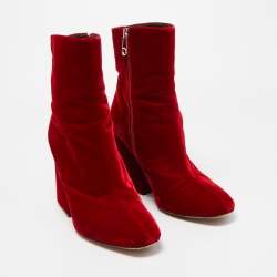Pre Owned Maison Margiela Red Velvet Block Heel Zip Up Ankle Boots Size 41