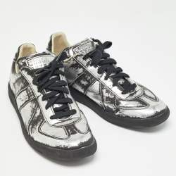 Pre Owned Maison Martin Margiela Silver/Black Leather Replica Sneakers Size 39