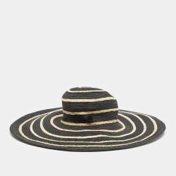 Maison Michel Paris Black Striped Straw Ursula Hat L