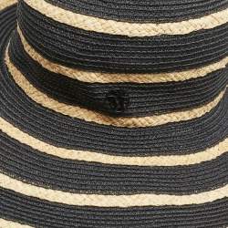 Maison Michel Paris Black Striped Straw Ursula Hat L