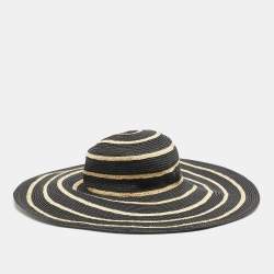 Maison Michel Paris Black Striped Straw Ursula Hat L
