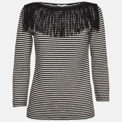 Maje Black/White Stripe Cotton Fringed Detail T-Shirt M
