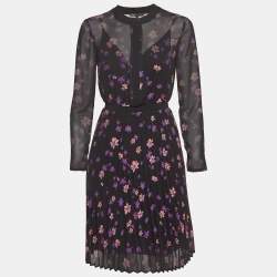 Maje Black Floral Print Chiffon Plisse Midi Dress S