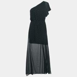 Maje Black Studded Crepe One-Shoulder Maxi Dress M