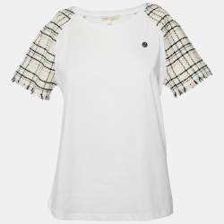 Pre Owned Maje White Cotton Tweed Sleeved Crew Neck T-Shirt M 