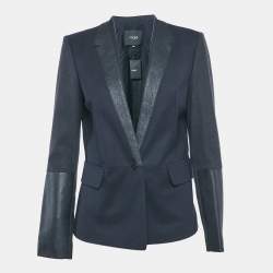 Maje Navy Blue Leather Trim and Wool Single Breasted Blazer M
