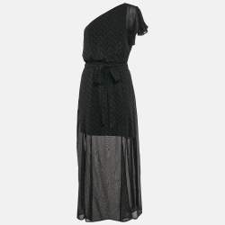 Maje Black Studded Chiffon One-Shoulder Midi Dress L