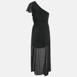 Maje Black Studded Chiffon One-Shoulder Midi Dress L