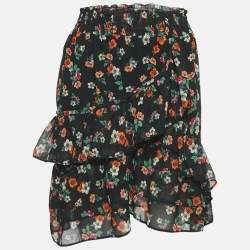 Maje Black Floral Print Ruffled Jupe Imprime Mini Skirt L