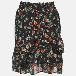 Maje Black Floral Print Ruffled Jupe Imprime Mini Skirt L