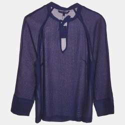 Maje Navy Blue Textured Silk Tie-Up Neck Detail Top S