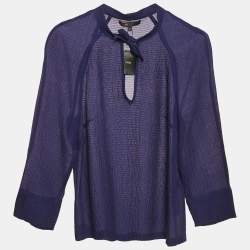 Maje Navy Blue Textured Silk Tie-Up Neck Detail Top S