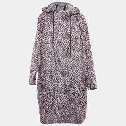 Maje Pink Leopard Print Synthetic Zip-Up Hooded Long Coat S