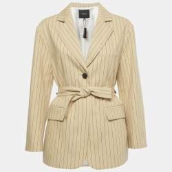 Pre Owned  Maje Beige Striped Cotton Blend  Belted Blazer S 