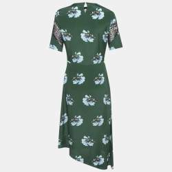 Pre Owned Maje Green Floral Print Lace Trim Crepe Asymmetric Midi Dress M 