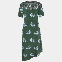 Pre Owned Maje Green Floral Print Lace Trim Crepe Asymmetric Midi Dress M 