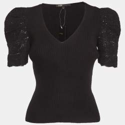 مملوكة مسبقًا Maje Black Crochet Sleeve Rib Knit Top M