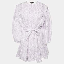 Pre Owned Maje Parme Eyelet Embroidered Cotton Rosiry Belted Dress M