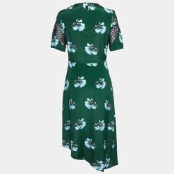 Maje Green Floral Print Lace Trim Crepe Asymmetric Midi Dress M 