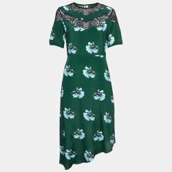 Maje Green Floral Print Lace Trim Crepe Asymmetric Midi Dress M 