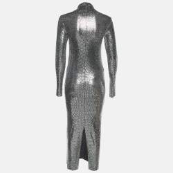 Pre Owned Maje Silver/Black Sequin High Neck Midi Dress S