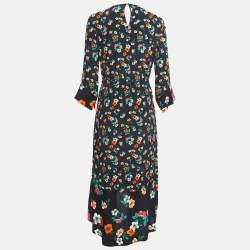 Maje Black Floral Print Crepe Ruffled Midi Dress M