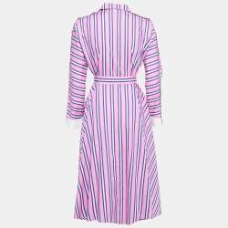 Maje Pink Stripe Cotton Button Front Belted Midi Dress S