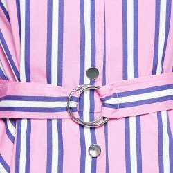 Maje Pink Stripe Cotton Button Front Belted Midi Dress S
