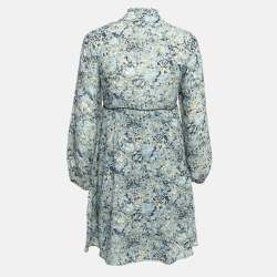 Pre Owned Maje Blue Printed Crepe Neck Tie-Up Mini Dress XS