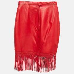 Pre Owned Maje Red Leather Fringe Detail Mini Skirt M