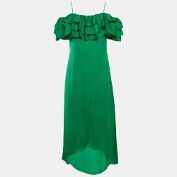 Pre Owned Maje Green Satin Ruffled Rovanta Midi Dress L