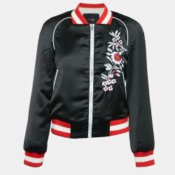 Maje Black Embroidered Satin Bomber Jacket S