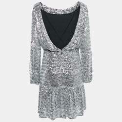 Pre Owned Maje Silver Sequin Crepe Ruched Full Sleeves Mini Dress XL