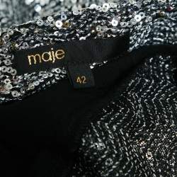 Pre Owned Maje Silver Sequin Crepe Ruched Full Sleeves Mini Dress XL