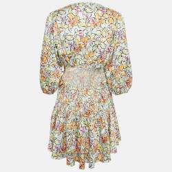 Pre Owned Maje Multicolor Floral Print Satin Cut-Out Smocked Mini Dress M