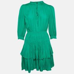 Maje Green Crepe Elasticized and Ruffle Detail Mini Dress M