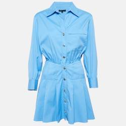 Maje Blue Cotton Button Front Pleated Mini Dress XS