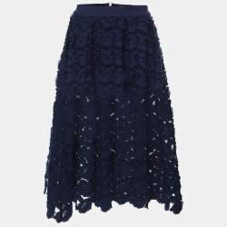 Pre Owned Maje Blue Fabric Floral Lace Midi Skirt S