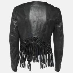 Pre Owned Maje Black Leather Zip-Up Fringed Hem Detail Jacket M