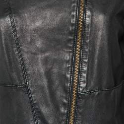 Pre Owned Maje Black Leather Zip-Up Fringed Hem Detail Jacket M