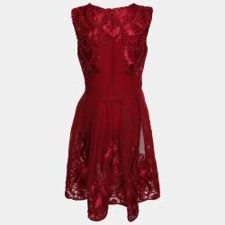Pre Owned Maje Red Mesh Embroidered Mini Dress L